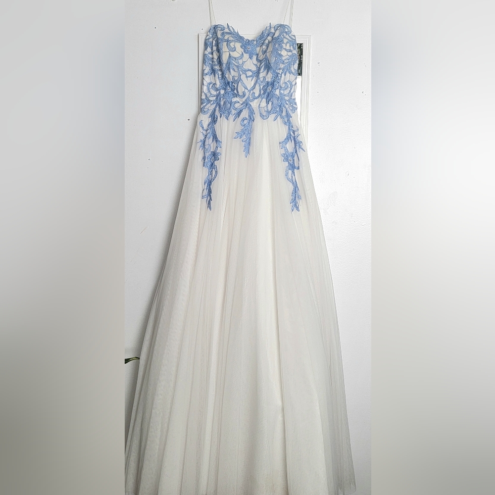Blue & White Embroidred Prom Dress